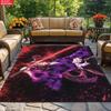 Anime Swordsman Area Rug, Purple Red Flame Theme  Floor Mat, Decorative Carpet for Gaming Room Bedroom, Washable Home Decor Gift