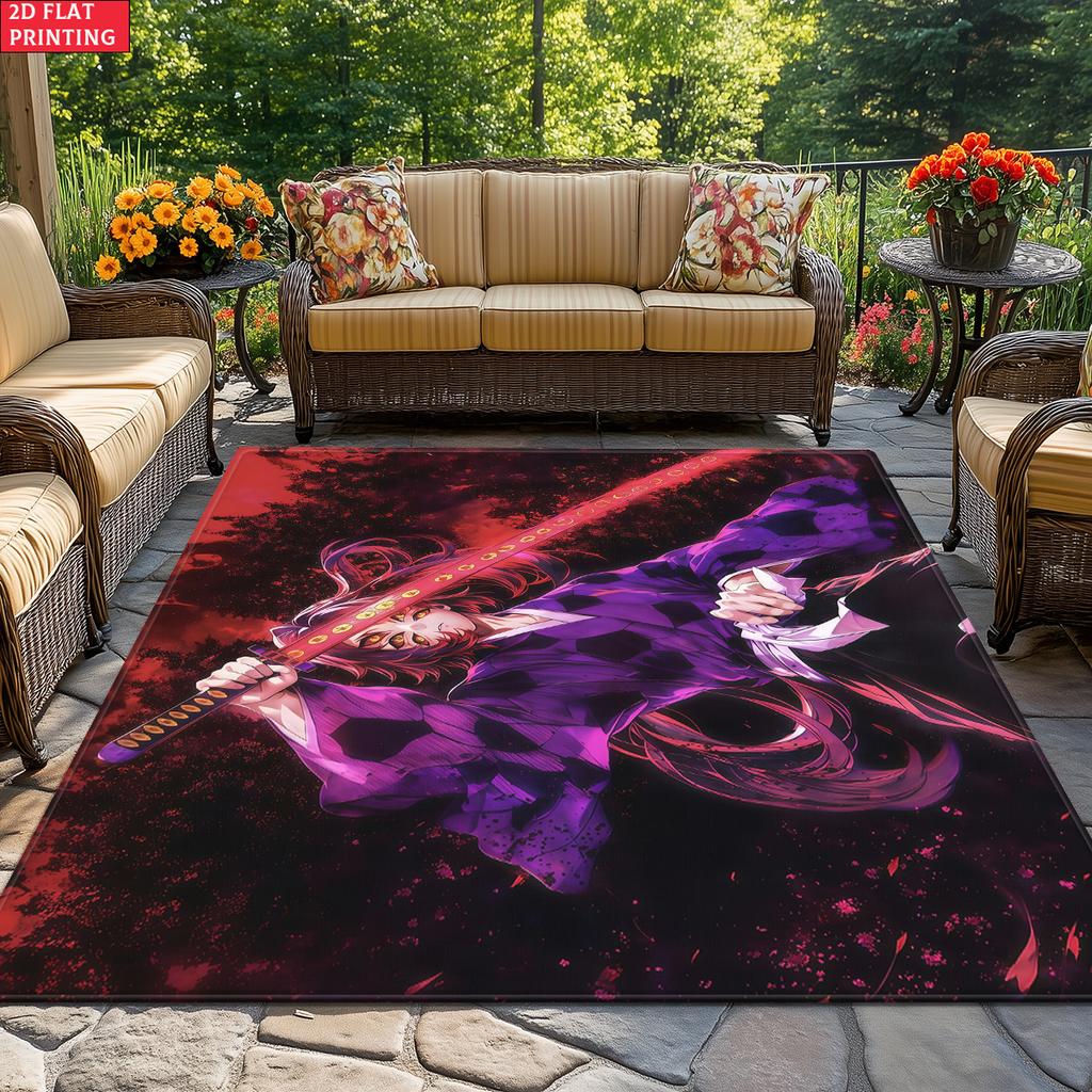 Anime Swordsman Area Rug, Purple Red Flame Theme  Floor Mat, Decorative Carpet for Gaming Room Bedroom, Washable Home Decor Gift