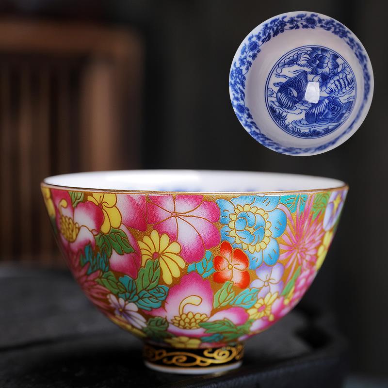 Ceramic Enamel Color Tasting Single Blue and White Douli Japanese Style Filigree Tea Bowl Kung Fu Master Cup Gift Bo