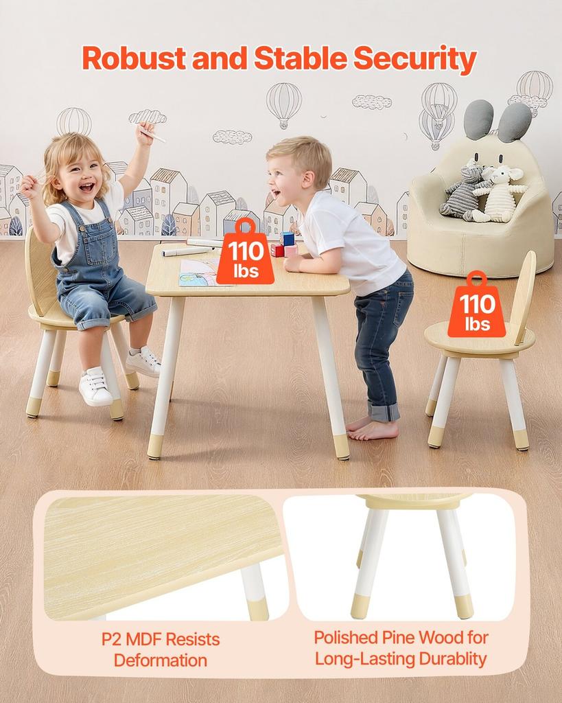 Kids Table and 2 Chairs Set, Toddler Table and Chair Set with Rounded Edge Design & Graffiti Desktop, Wooden Desk for Art, Craft, Reading, Learning,
