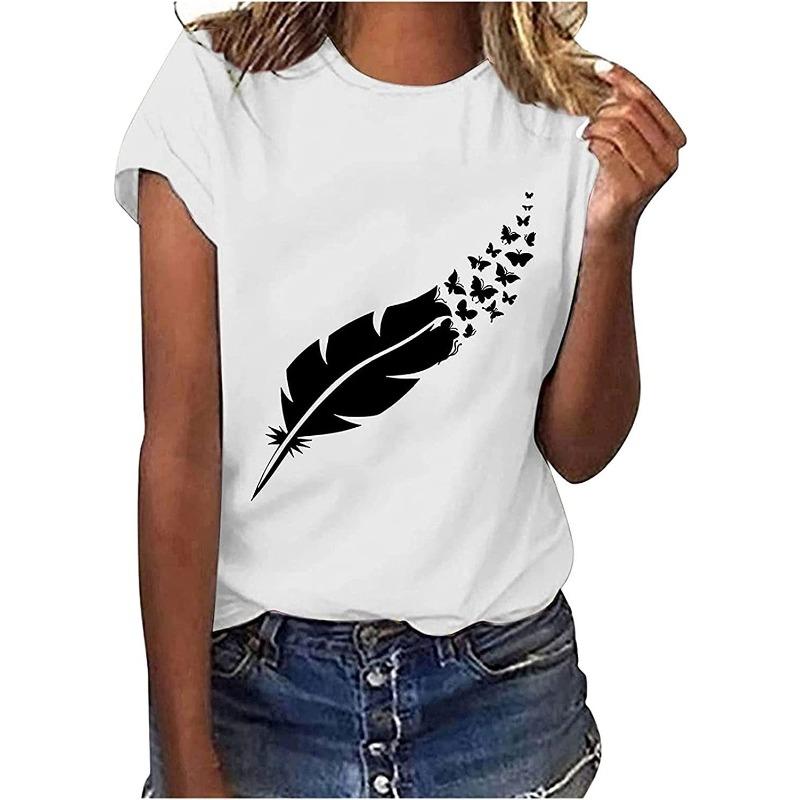 Summer Round Neck 3D Feather Animal Simplicity Print Top Fashionable Casual Short Sleeved Women's T-shirts