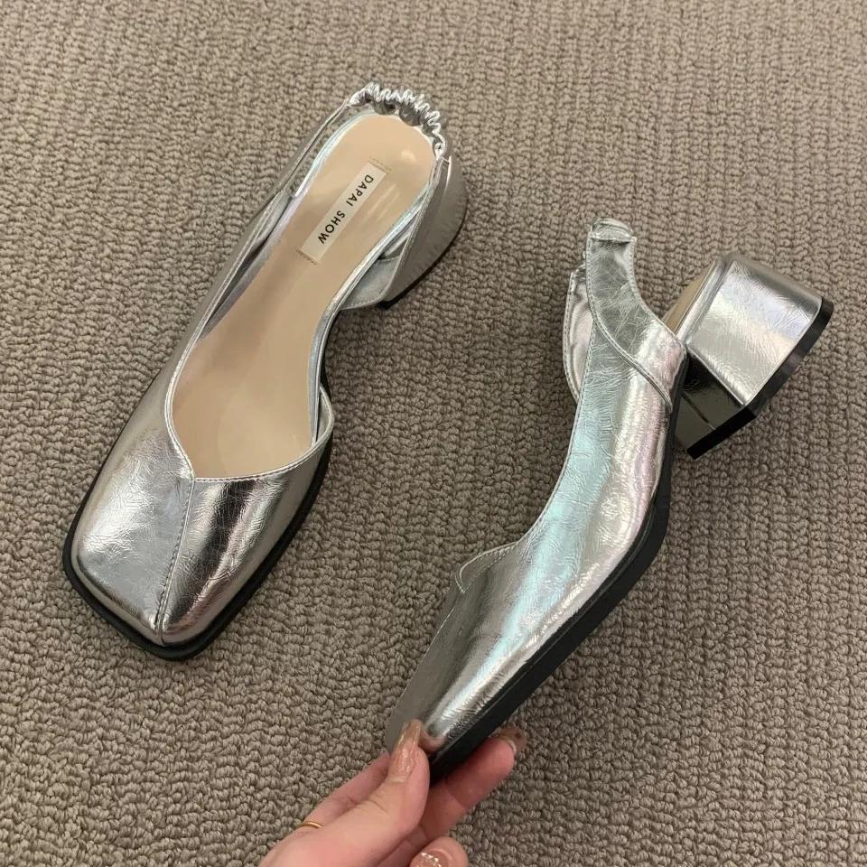 

Летние Элегантные Женские Сандалии Модные Женские Сандалии на Плоском Каблуке с Эластичной Лентой Женские Туфли для Вечеринки с Квадратным Каблуком 35-39 39 серебряный