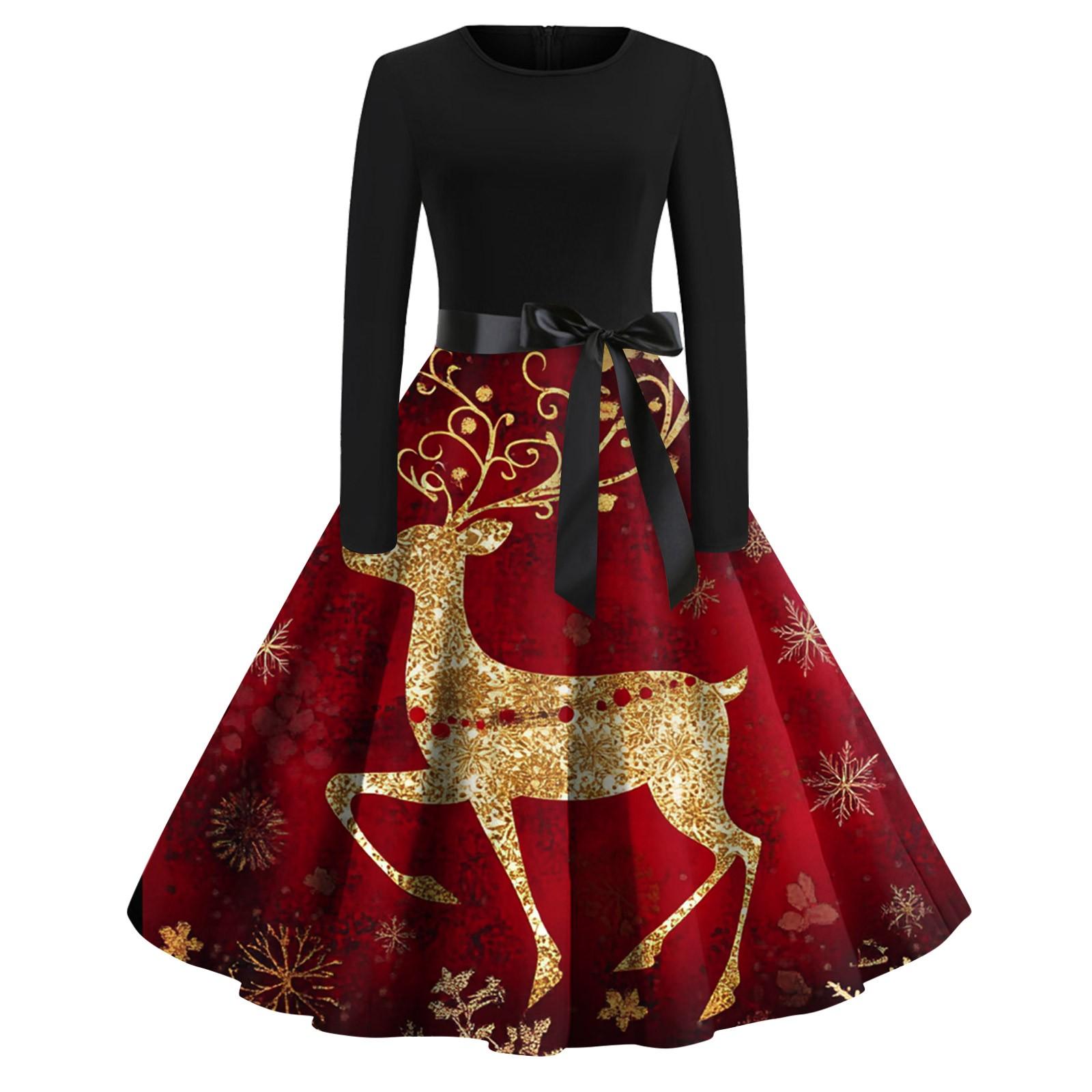 

Женское модное винтажное платье с длинным рукавом и круглым вырезом с рождественским принтом S