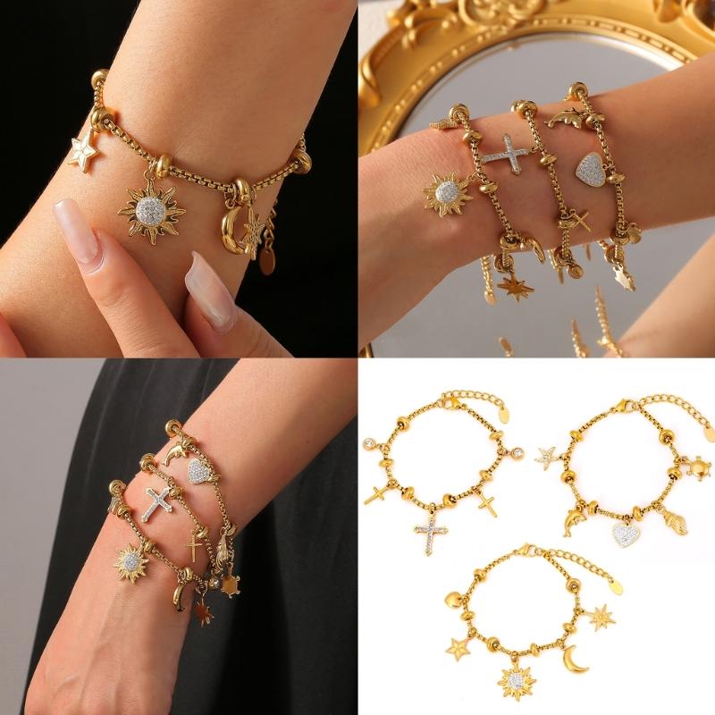 Elegant Sun And Moon Charm Bracelet With Crystal Accent Titanium Steel Lightweight Daily Wear Jewelry