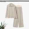 ZANZEA Women Long Sleeve Button Blouse and Pants Casual Two Piece Suit Sets