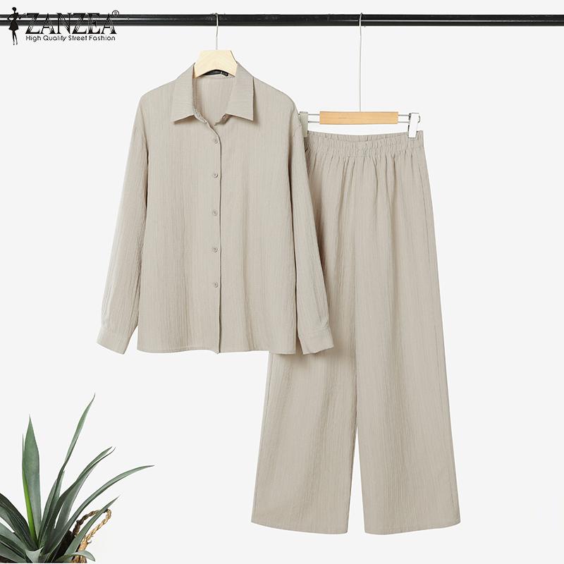 ZANZEA Women Long Sleeve Button Blouse and Pants Casual Two Piece Suit Sets