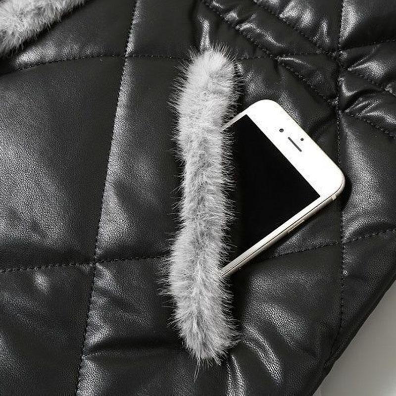 Winter Women's Thickened  Padded Jacket Stand Collar Slim Fit Padded PU Leather Coat
