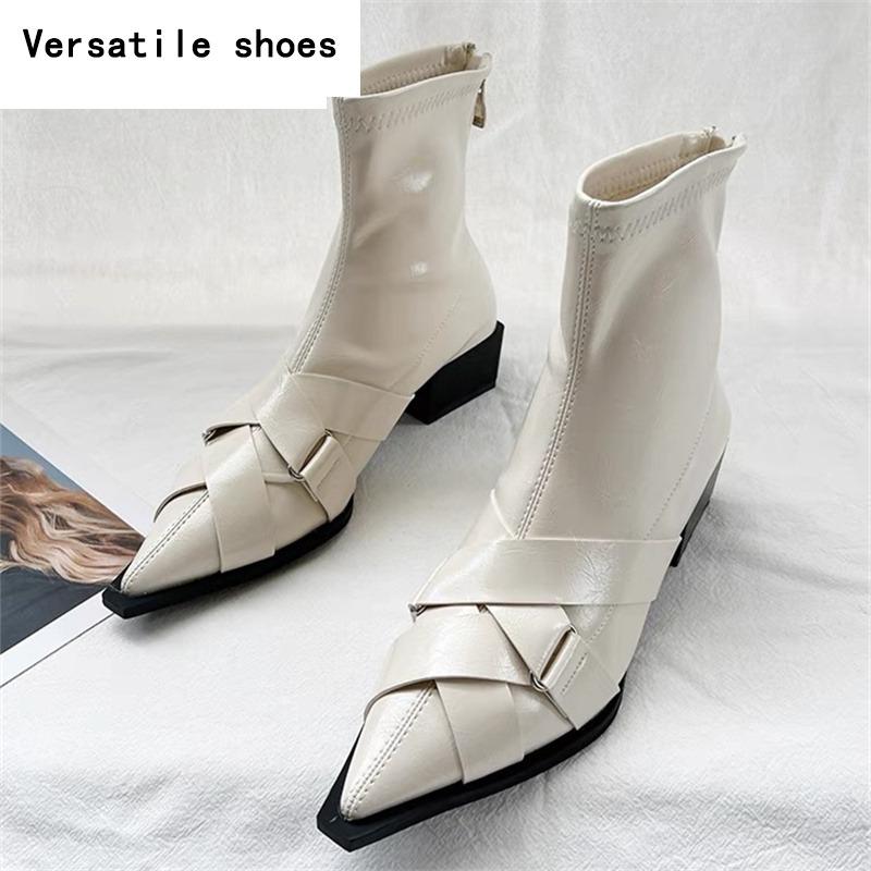 Sexy Pointed Toe Ankle Boots Low Heels Women Shoes Party Dress Elegant PU Leather Brand  New Chelsea Goth Pumps Botas Mujer