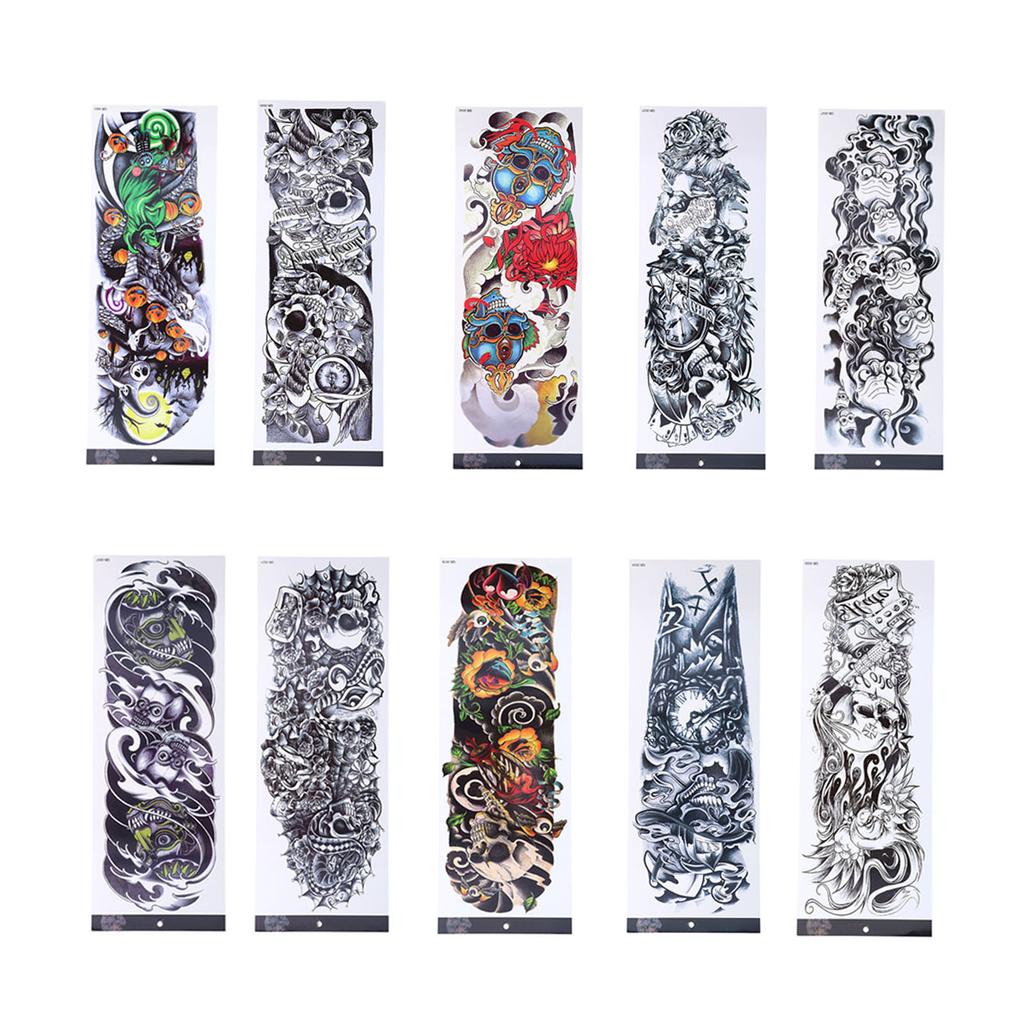 10pcs Fake Tattoo Stickers Temporary Waterproof Skull Pattern Full Arm Tattoos for Halloween