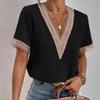 Camiseta de Verano de Encaje con Cuello en V y Manga Corta para Mujer Blusa Holgada Casual Fina de Color Sólido Pulóver