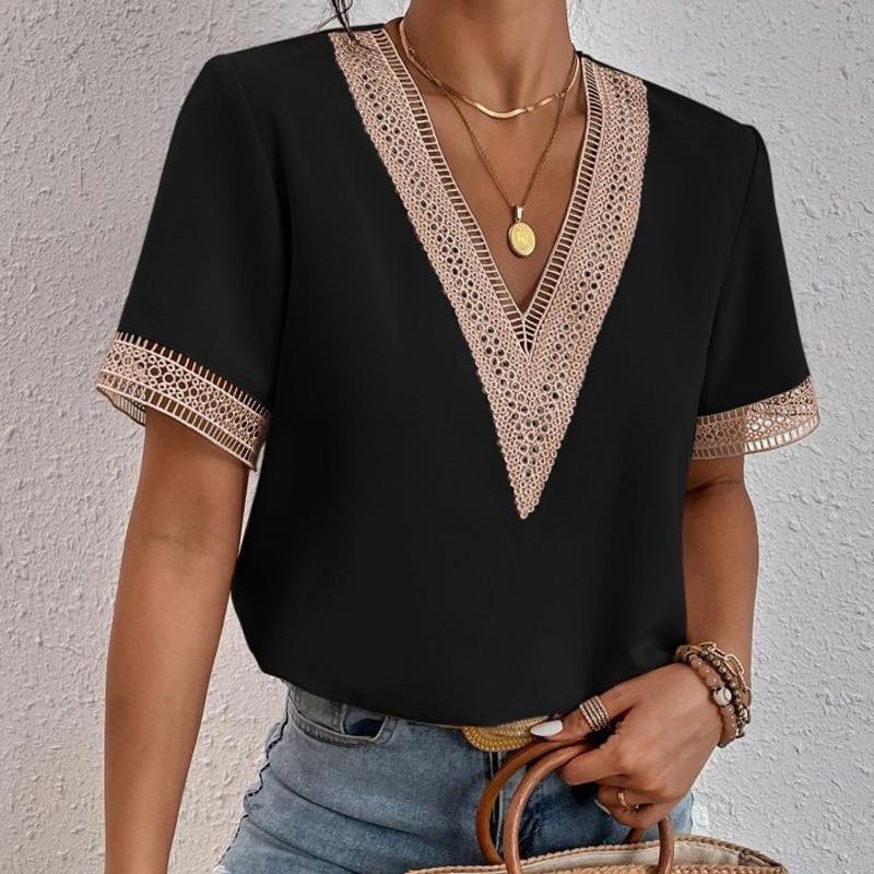 Camiseta de Verano de Encaje con Cuello en V y Manga Corta para Mujer Blusa Holgada Casual Fina de Color Sólido Pulóver