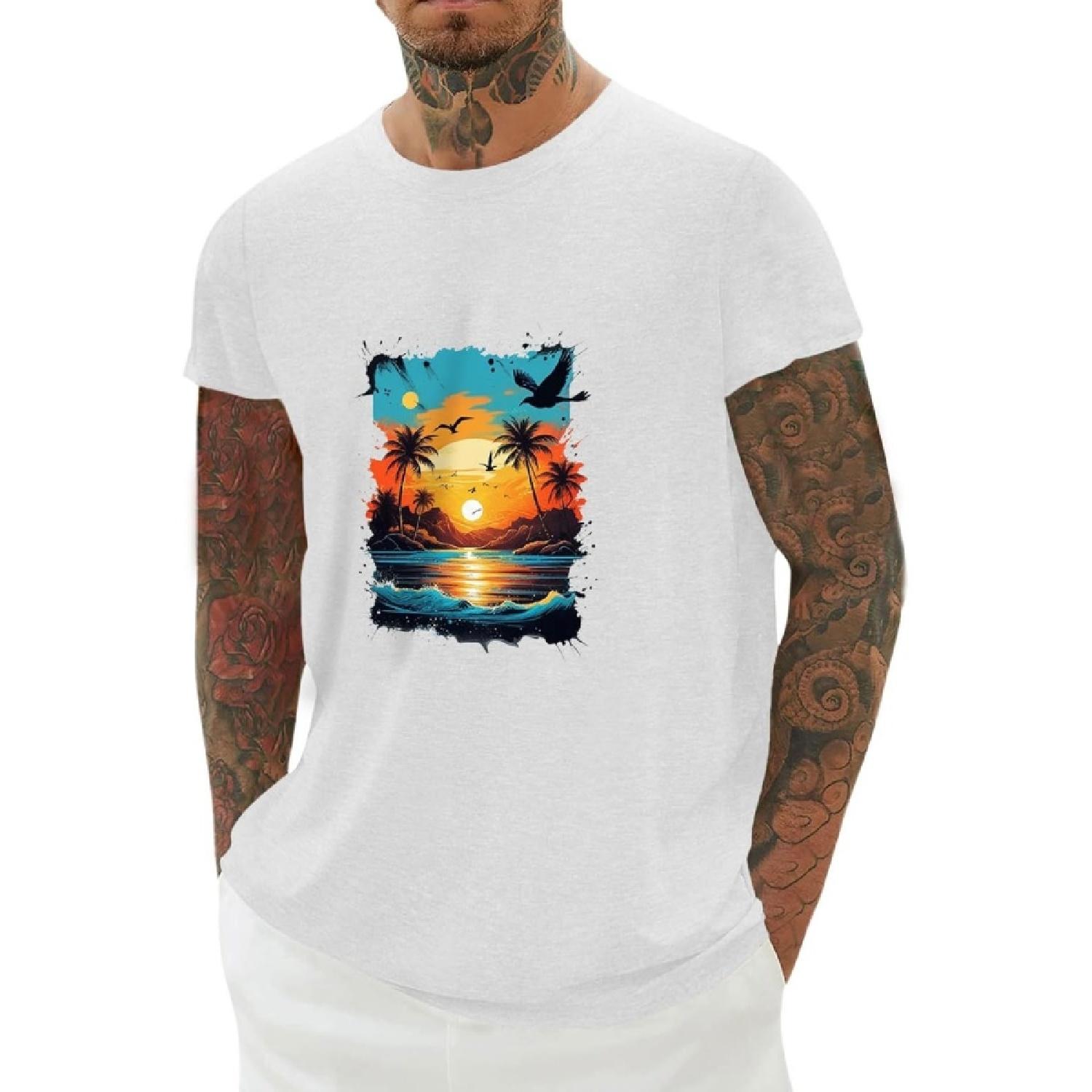 

Vacation T Shirts for Men _ Sunset Palm Tree Shirt - Quick Dry Graphic Tees Casual Short Sleeve Top Clothes for Travel Dating XXXXXL білий