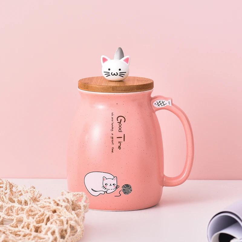 

Милая керамическая кружка с мультяшным котом, с крышкой и ложкой – Чашка для завтрака, кофе Pink A