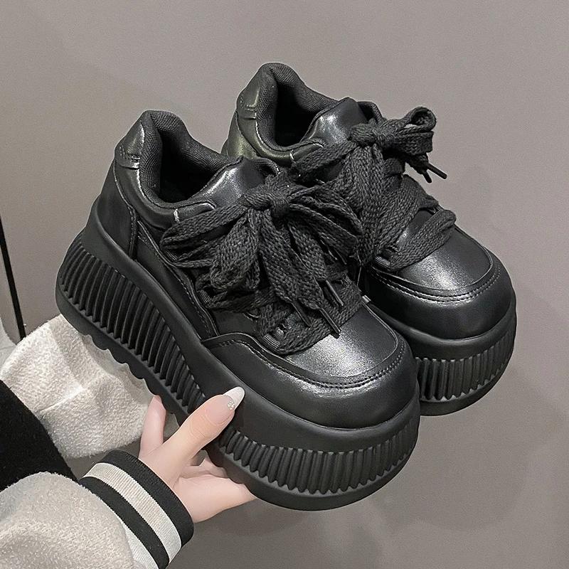 Fashion Casual Chic Platform Breathable Sneakers Lace-up Comfortable Anti Slip Thick Bottom Womens Running Shoes Black White