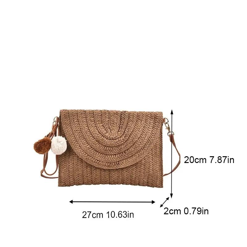 Handmade Straw Beach Shoulder Crossbody Bag Girls Envelope Woven Summer Small Hair Ball Cluth