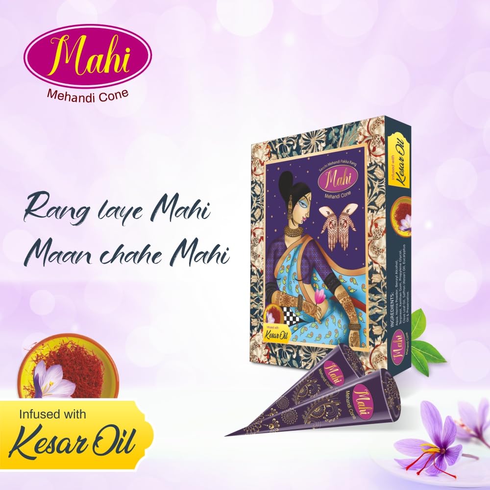 Mahi Mehandi Kegelpackung 1 Stück ( 25g X 12 Kegel) Mit Safranöl für langanhaltende dunkle Henna-Tattoo-Kunst