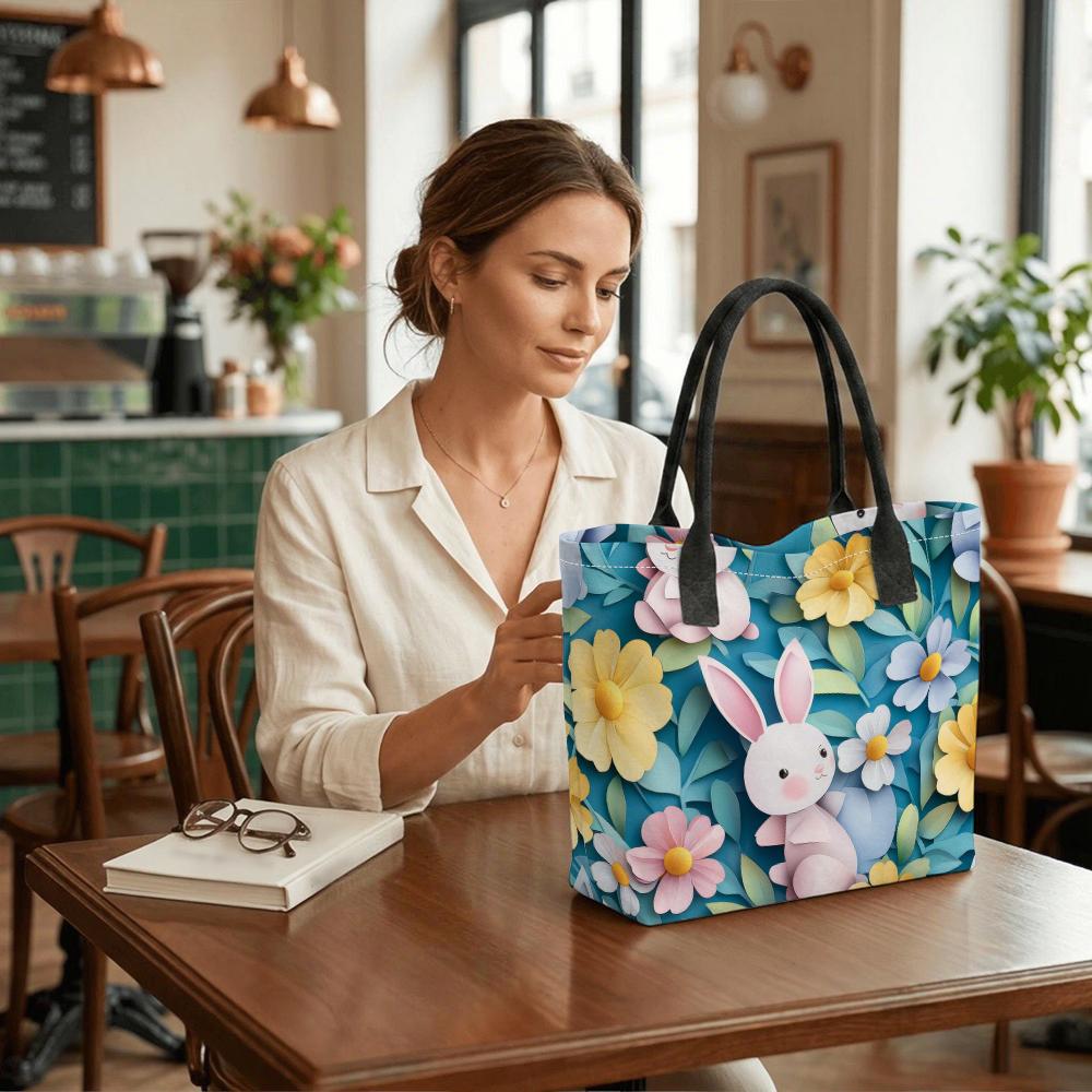 Cute Rabbit Floral Printed Tote Bag Casual Large Capacity Handbag for Daily Use