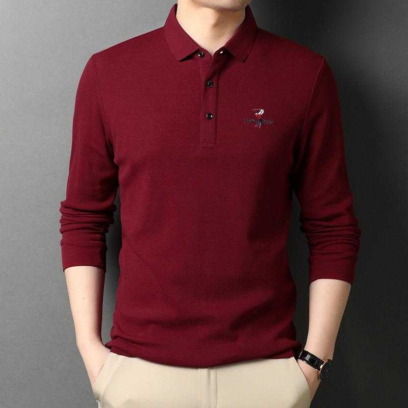 Woodpecker Men's Burgundy Lapel Long Sleeve Polo Shirt - Autumn/Spring Thin Style for Middle-aged Dads