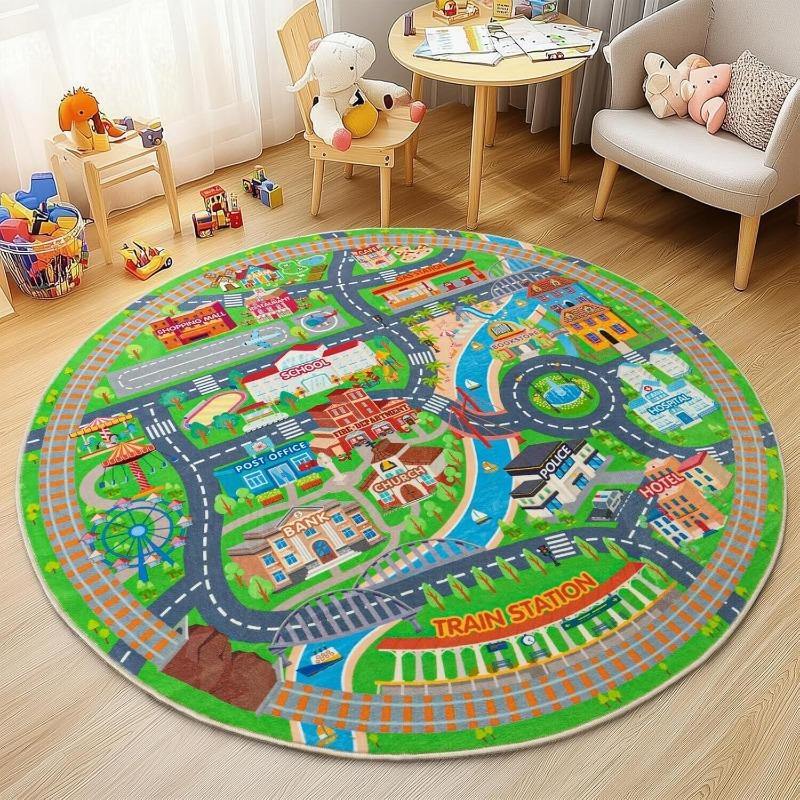 Traffic Road Kids Play Round Rug Educational Theme Children's Crawling Floormat Absorbent Anti-Slip Soft Home Decor Carpet