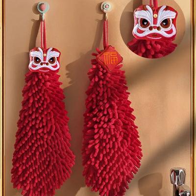 Multi-Scene Red Festive Hand Towel Chenille Hanging Cartoon Design for Wedding Kitchen Bathroom