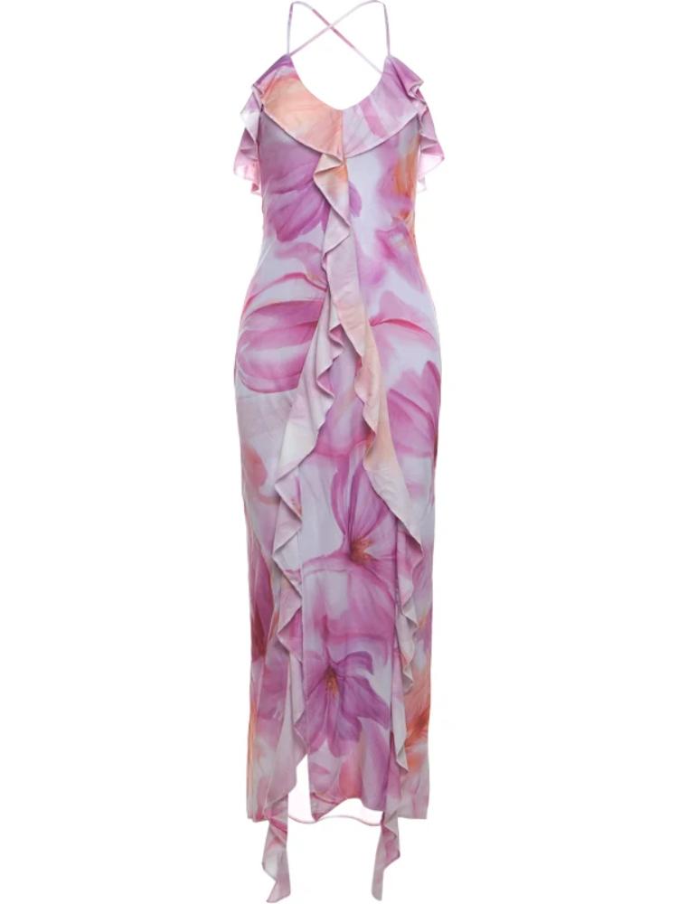 Ladies' Summer Camisole Dress Women Irregular Tassel Print Dress Casual Fashionable Long Skirt