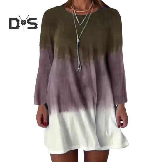 Women's Long Sleeve Dress Gradient Color Printed Dress Loose Fit Round Neck Pullover Dress for Daily Work Parties