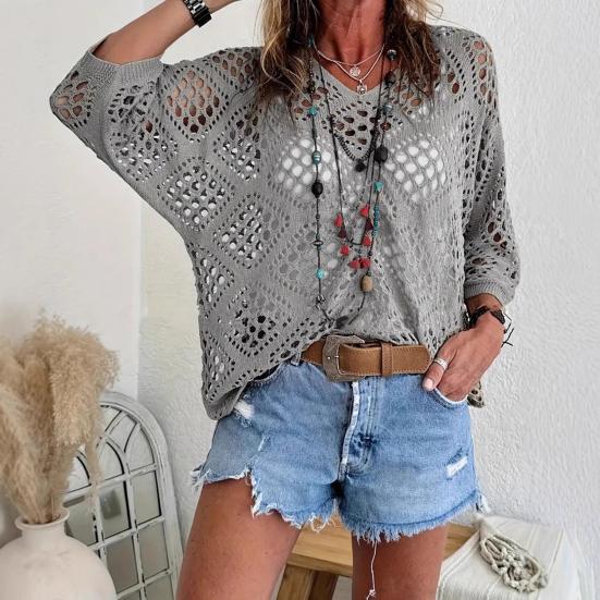 Women Tops Solid V-Neck 45720 Sleeve Knitting Color Loose Fit Cover
