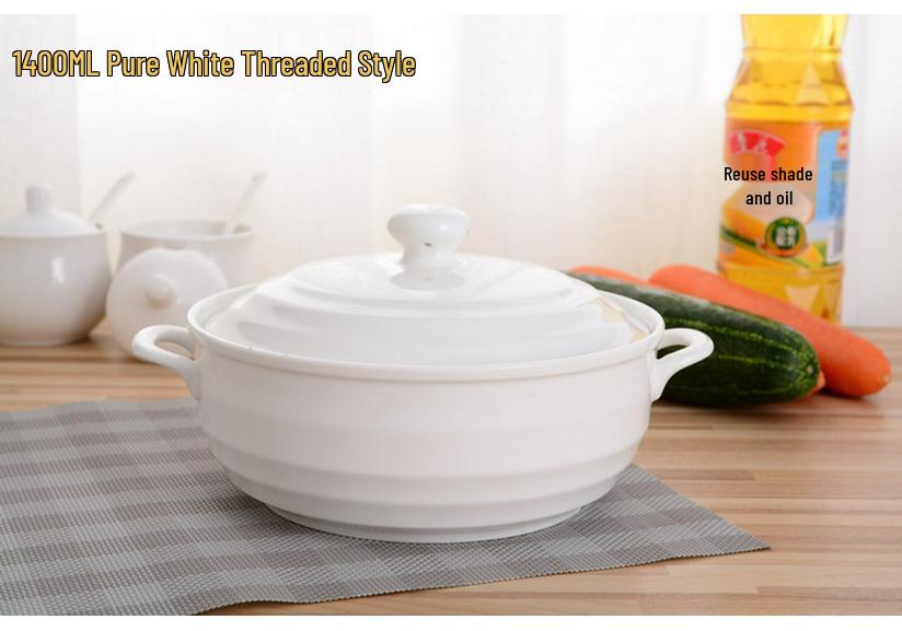 Embossed Ceramic Soup Pot with Lid, Bone China, 8-Inch Large Bowl for Home/Hotel Gift.
