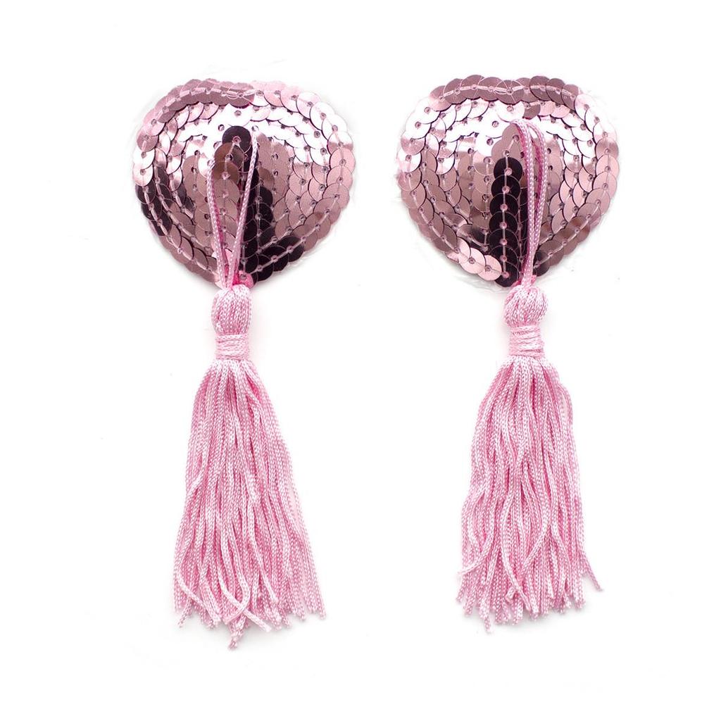 Sequin Heart-shaped Tassel Nipple Covers - Adult SM Bondage Accessory