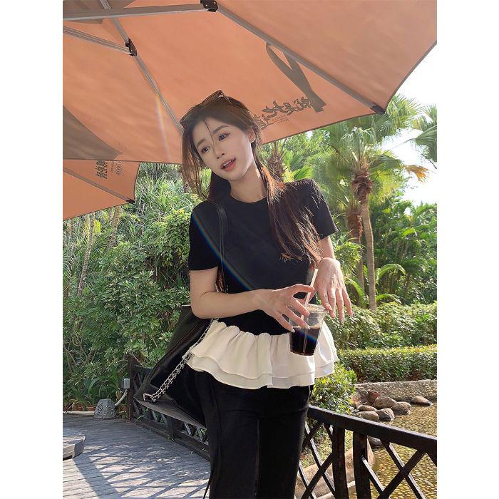 In-Stock Women's Patchwork Lace Puff Sleeve Slim Fit T-Shirt