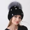 Women's Mink Fox Fur Winter Hat Striped Knitted Beanie with Pompom, Warm Fashionable Trapper Cap for Cold Weather