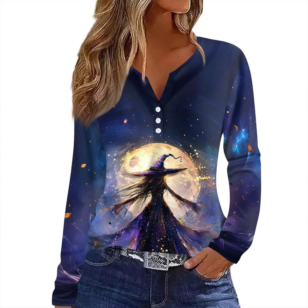 Women's T Shirt Tee HAlloween Print Button Long Sleeve Daily Weekend Fashion Basic V- Neck Regular Top
