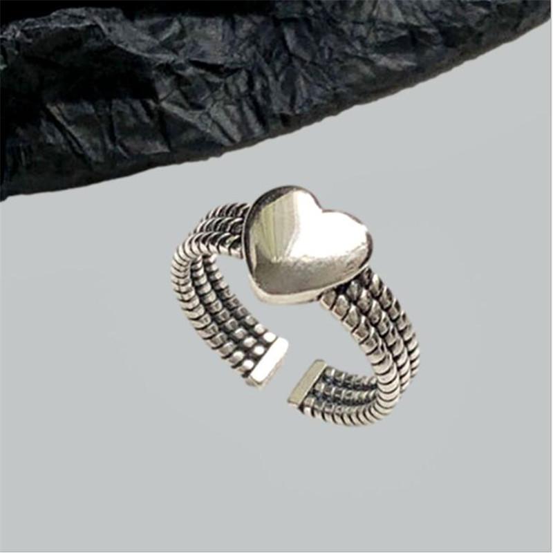 New Retro Distressed Glossy Heart -Shaped 925 Sterling Silver Jewelry Personality Heart Twist Chain Opening Rings R660