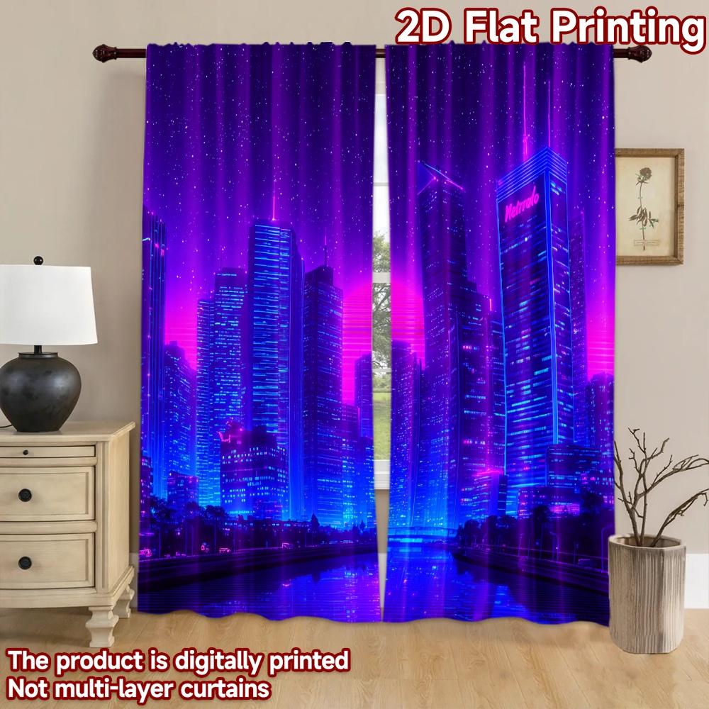 2D flat printing 2pcs Drapes Cyberpunk Cityscape Neon Glow Digital Printed Polyester Drapes Festive Wall Decor for Booths Studio