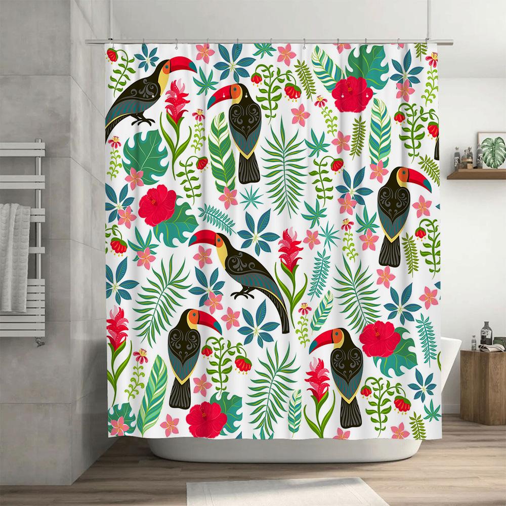 Vibrant Floral Toucan Print Shower Curtain for Bathroom Decor Waterproof Fabric Shower Panels with Hooks Tropical Rainforest The