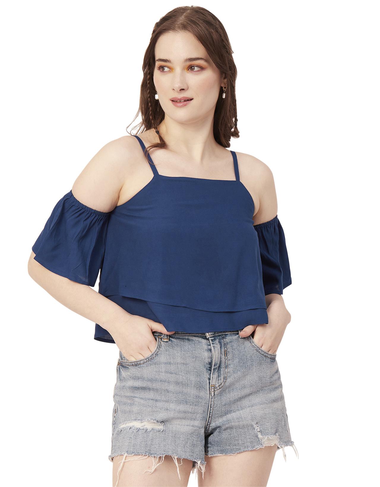 

Жіночий віскозний топ із відкритими плечима з принтом Moomaya, літній укорочений топ із рюшами XS синій