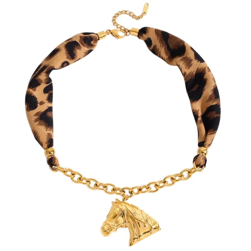 Titanium Steel Leopard Print Scarf Horse Pendant Necklace Elegant Collarbone Chain Neck Jewelry Gift for Women 1
