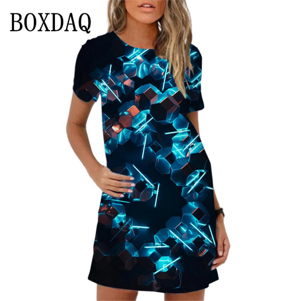 2026 New 3d Colorful Planet Printing Mini Dress Women Summer Short-sleeved Casual Fashion Elegant Round Neck Dress