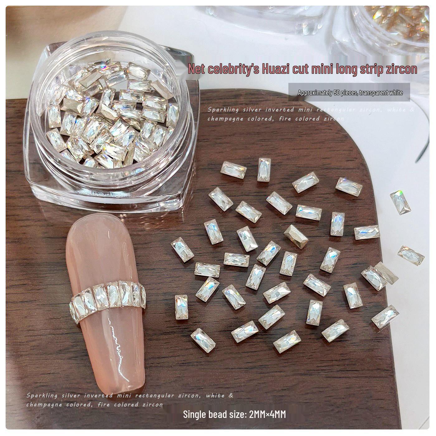 Zirconia Nail Art Decorations: Translucent White Champagne Rectangle & Triangle Rhinestones with Hand-Applied Bow.
