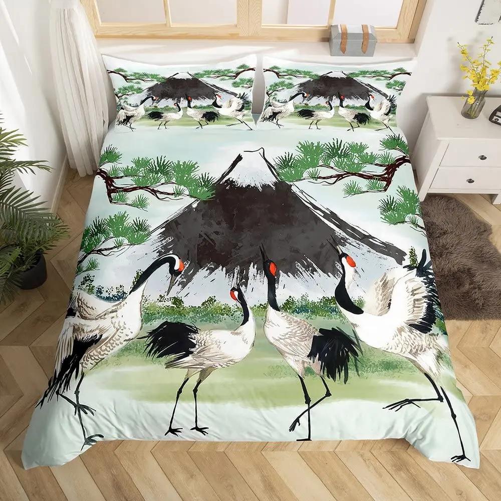 Japanese Fuji Mountain Duvet Cover Set Crane Bedding Set Watercolor Nature Tree Branches Comforter Cover Traditional Quilt Cover