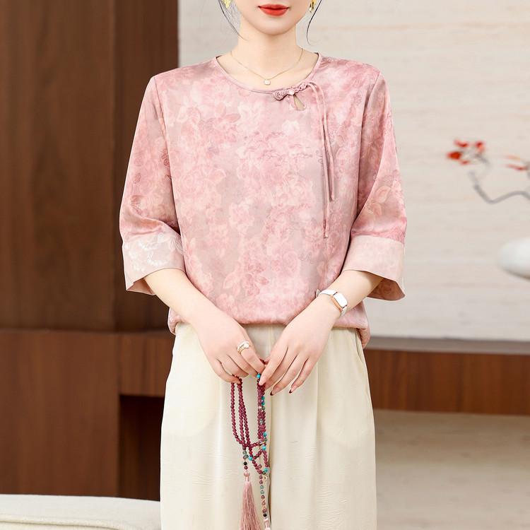 2026 Summer & Spring Faux Silk Seven-Sleeve Lace Chiffon Shirt - Elegant Printed Top XL светло-розовый