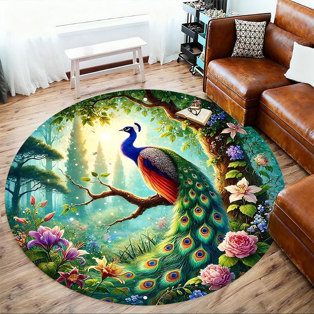 1pc Peacock Flowers Round Chair Mat Area Rug - Non-Slip, Floor Mat for Office, Bedroom, and Indoor Decor C1125203