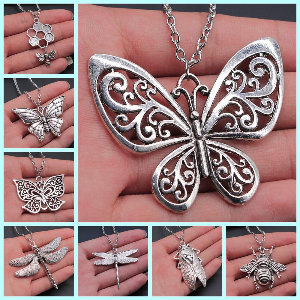 New Fashion Antique Silver Color Flying Animal Insect Necklace Butterfly Dragonfly Bee Cicada Pendant Necklace Gift For Women