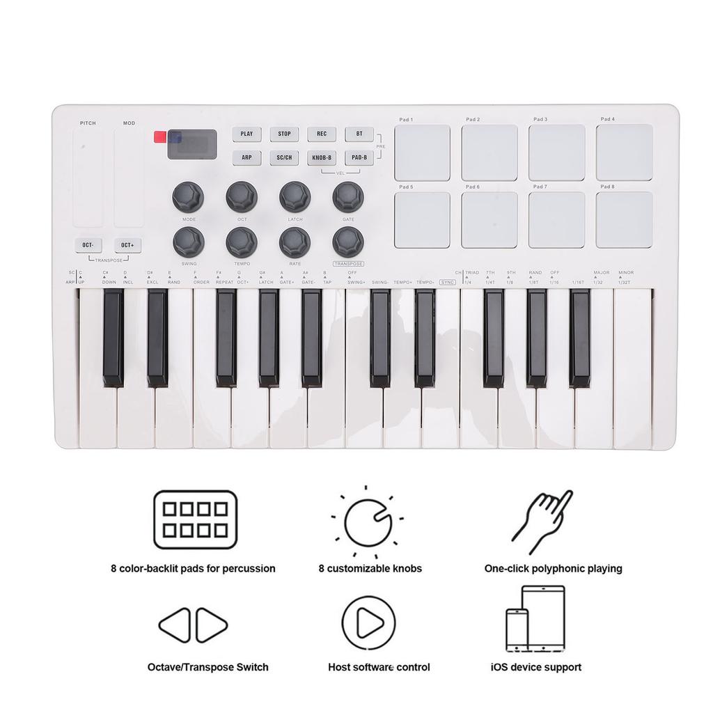 25 Key MIDI Keyboard Controller   with 8 Backlit   Pads 8 Knobs Portable for Computer Recording Music Production White
