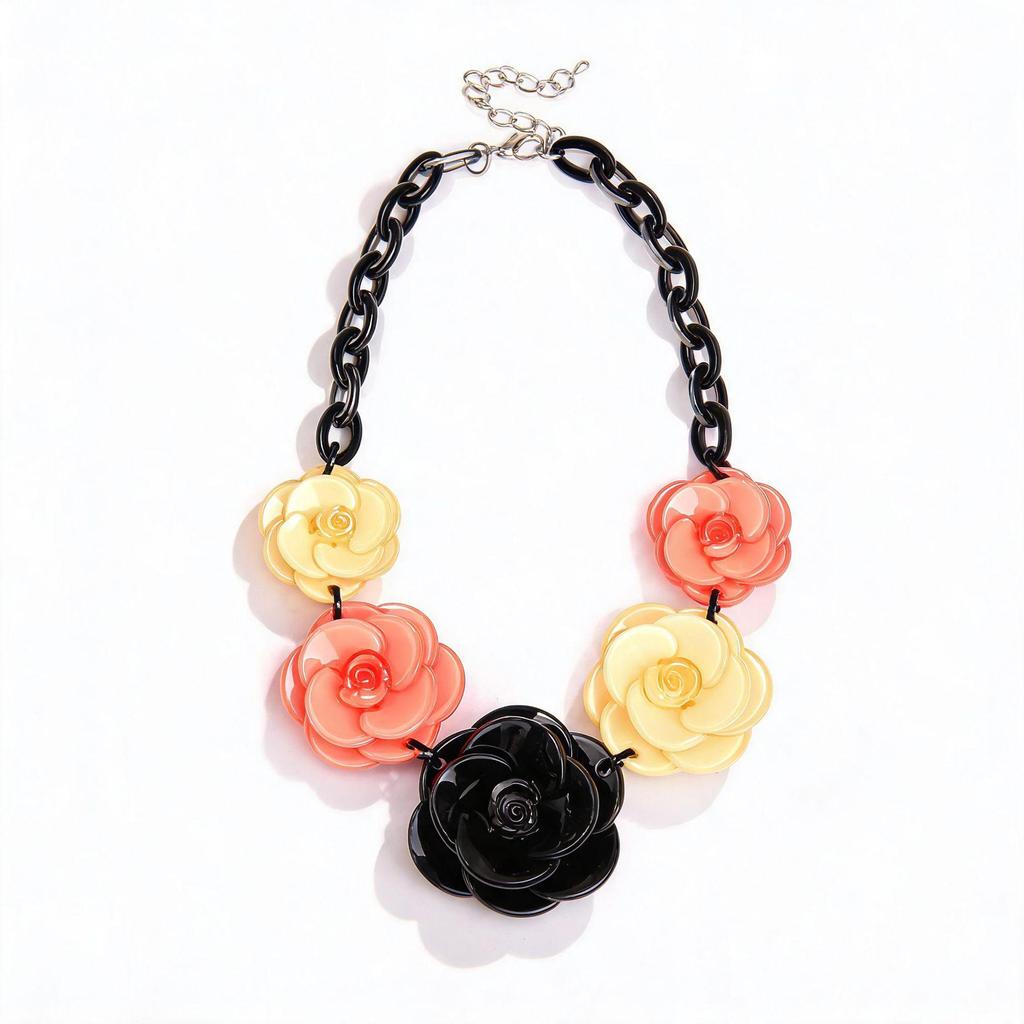Collana Boema con Fiore in Acrilico - Catena Colorata per Maglione a Forma di Rosa