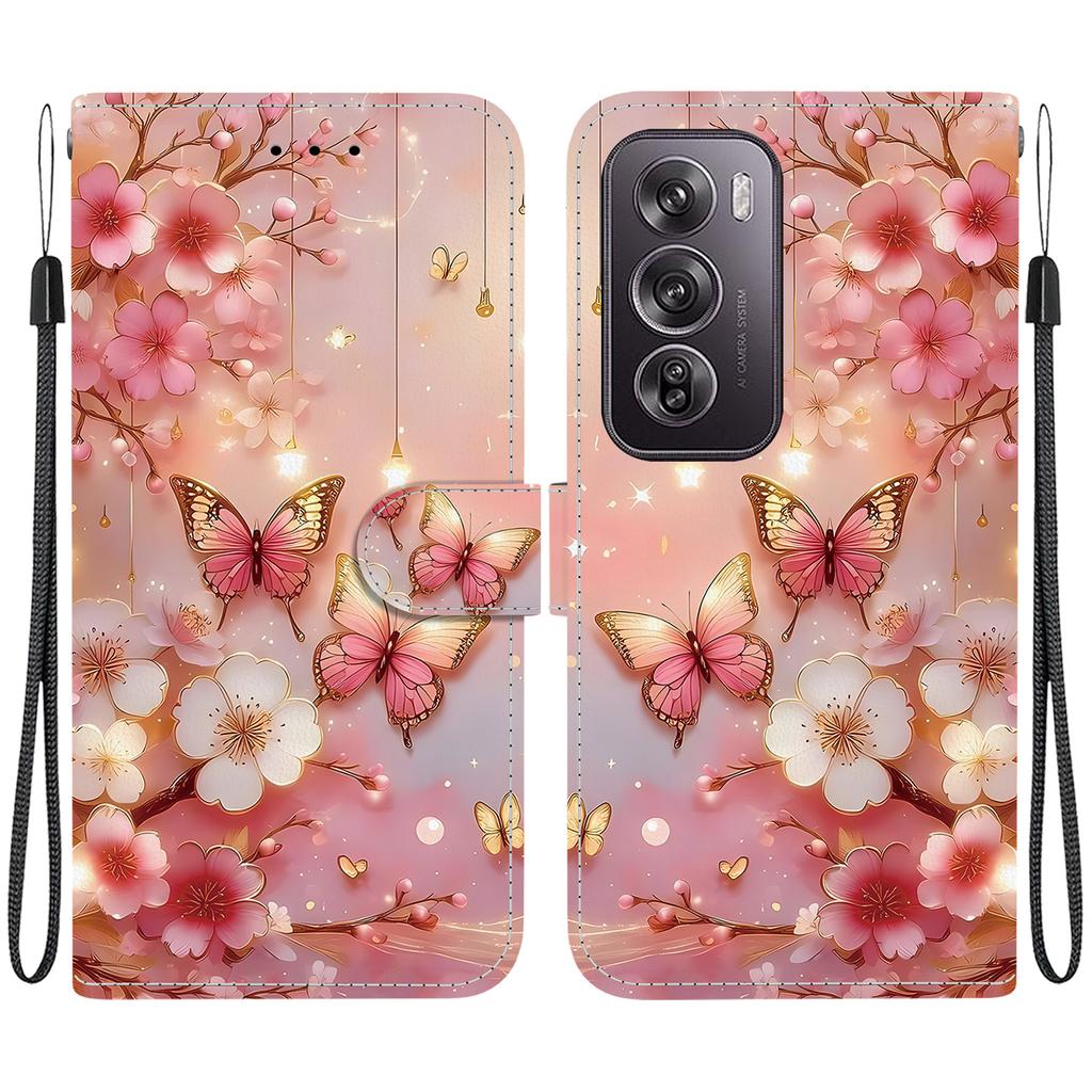 Ručně vyráběné PU kožené flipové pouzdro pro Oppo Reno12/Reno12 Pro Protiskluzový nárazuvzdorný kryt s poutkem na zápěstí a designy srdce/růže/kočky