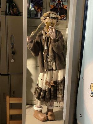 Retro Mori-Kei Candied Chestnuts Plaid Skirt with Embroidery Patchwork