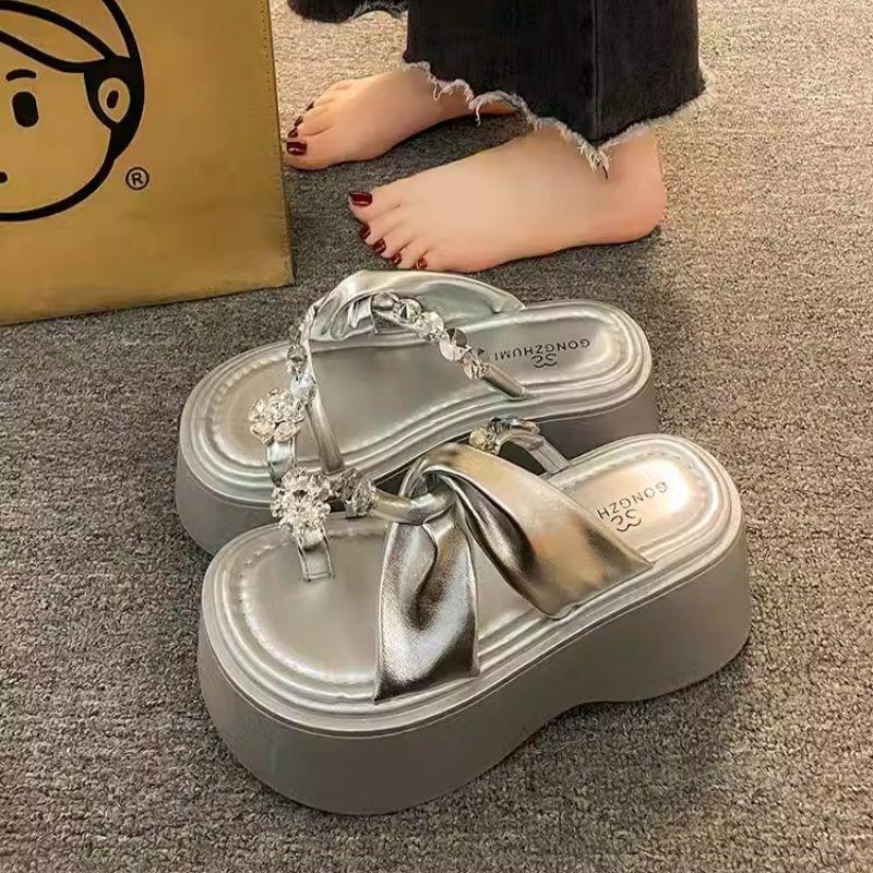 Sandals women's outer wear summer new small thick-soled high-heeled rhinestone cover toe cool slippers