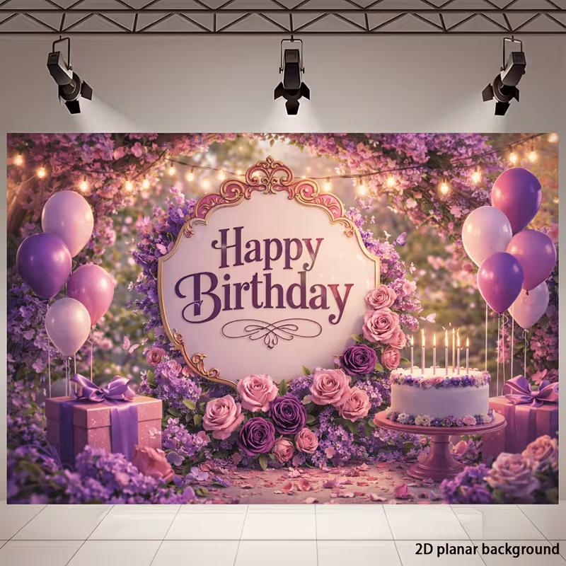 2D Purple Rose & Cake Background for Enchanted & Whimsical Parties