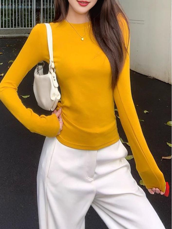 Women's Double-sided Thermal Base Layer Shirt - Round Neck, Brushed, Warm, Solid White T-Shirt for Autumn/Winter, 2025 New Style